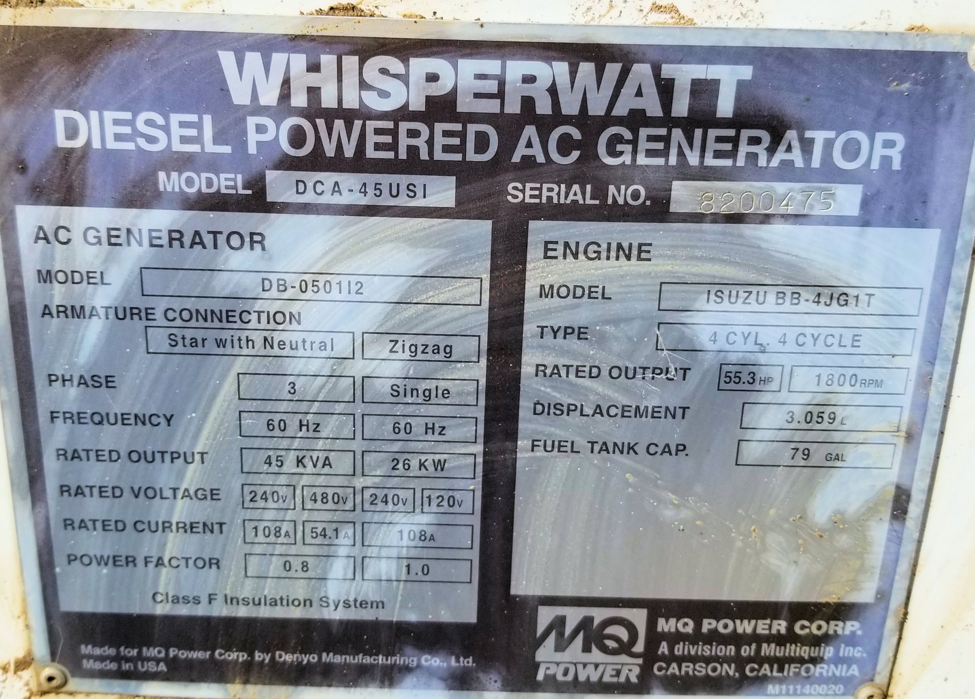Whisperwatt Diesel Powered Ac Generator, Model Dca-45usi)