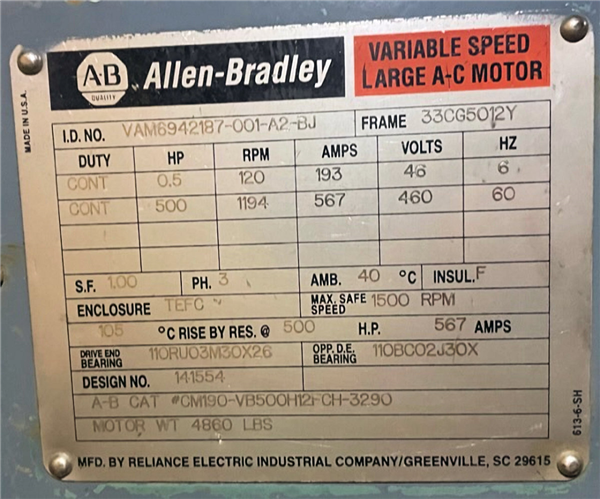 Rebuilt Reliance-allen Bradley Variable Speed Large A-c Motor 0.5 - 500 Hp)