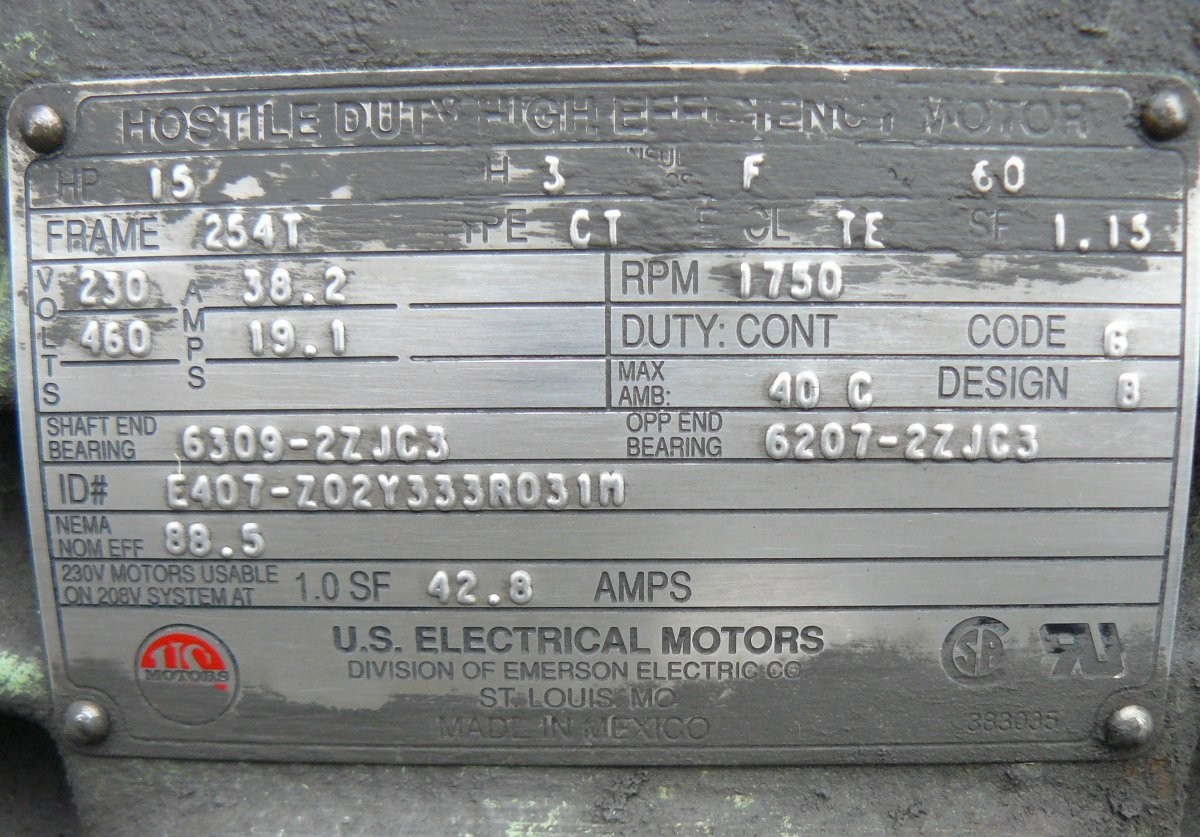 Us Electric 15 Hp, 1750 Rpm Motor)