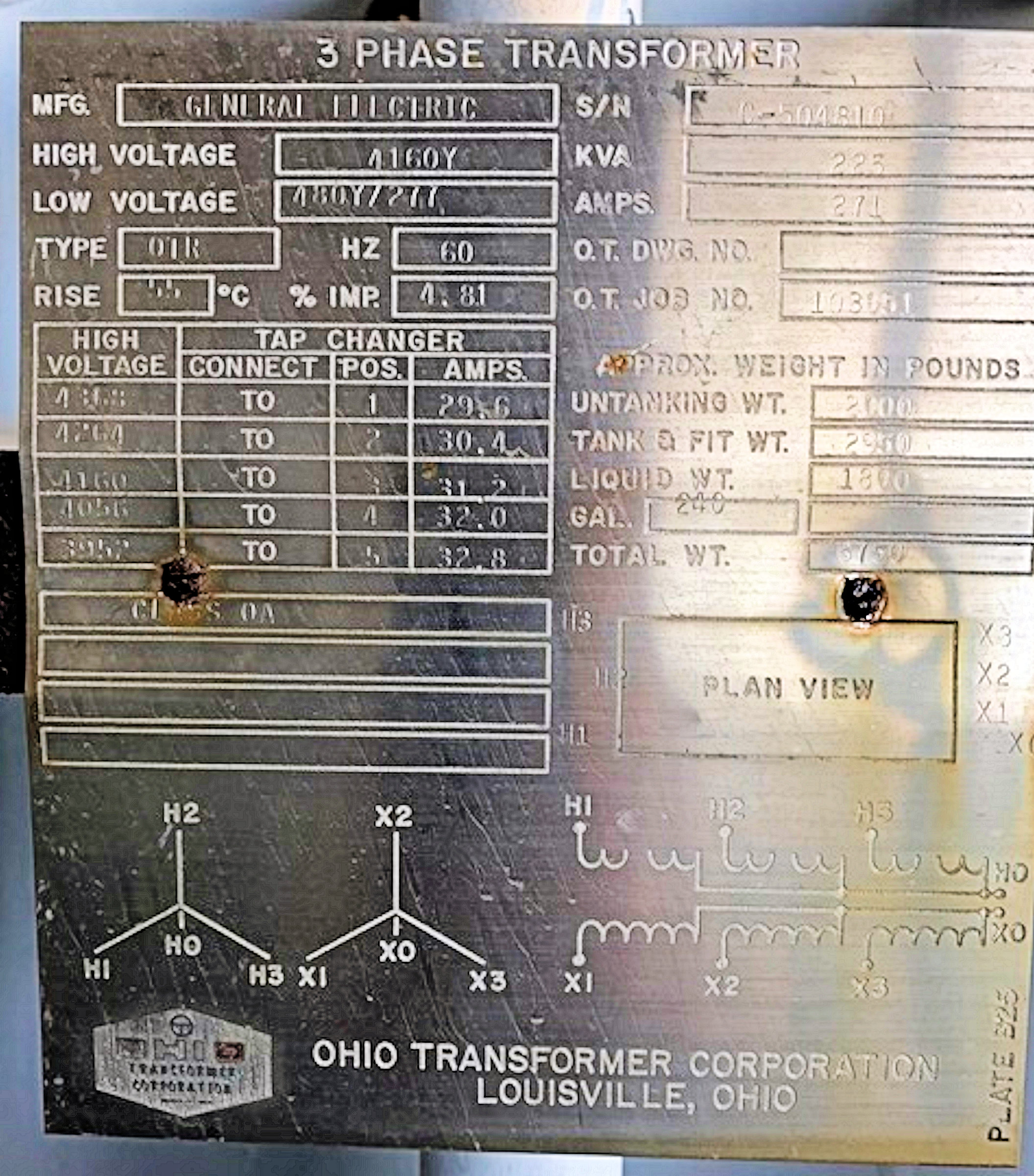 General Electric 225 Kva 3-phase Transformer, 4160 Y Down To 480 Y/277)